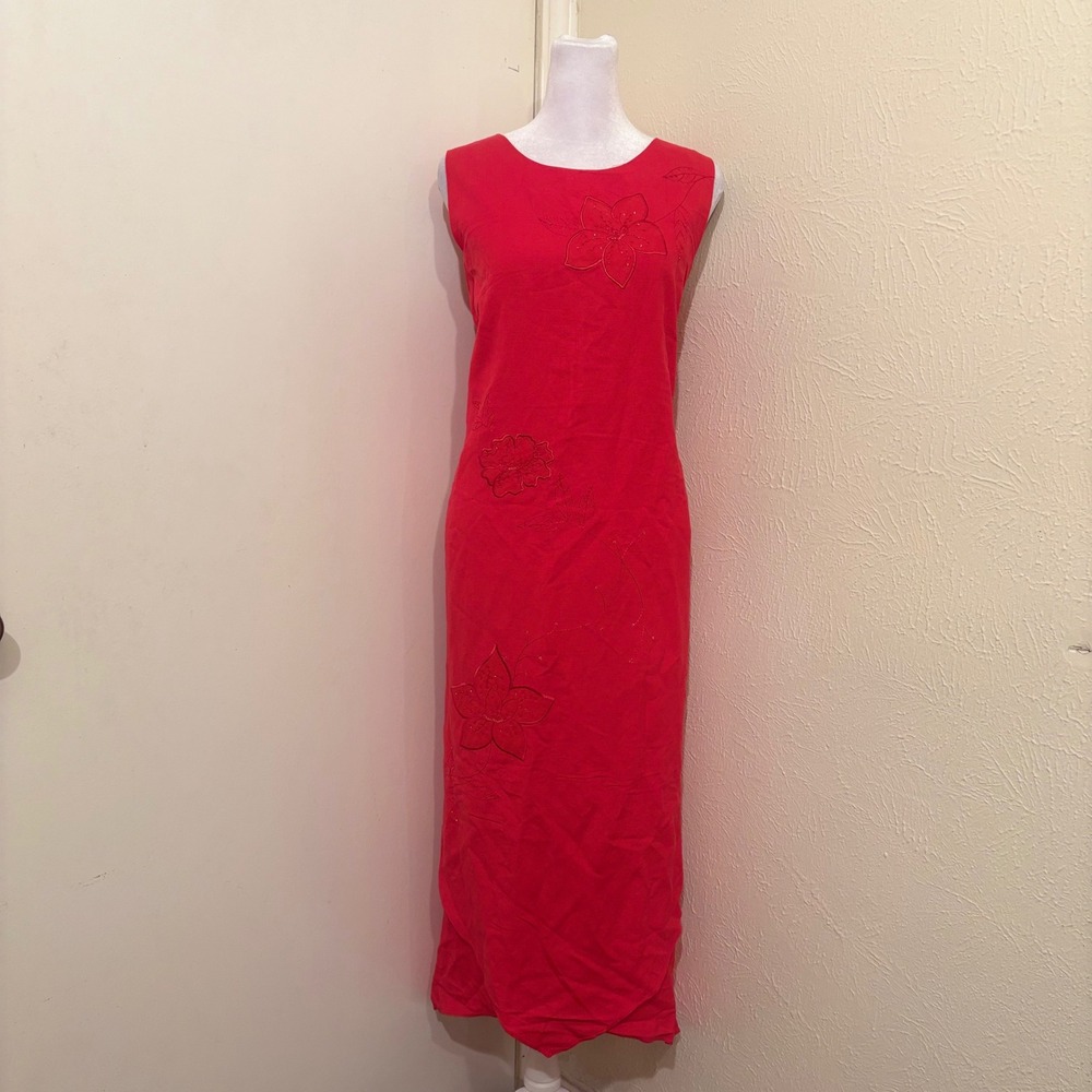 Vintage‎ Y2K Pink Red Linen Blend Floral Beaded Embroidered Maxi Dress Size 14